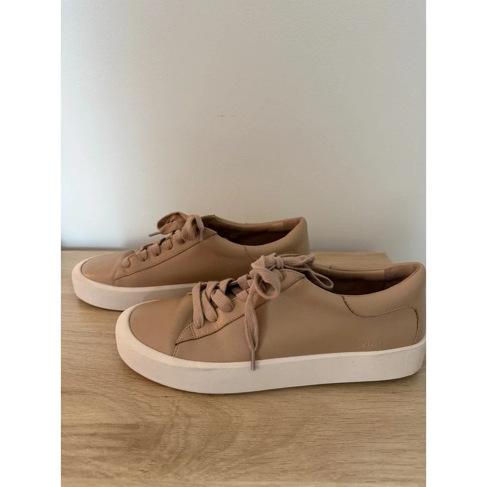 Vince Keoni Leather Sneakers Women 9 Nude Tan Low Top Minimalist Shoes